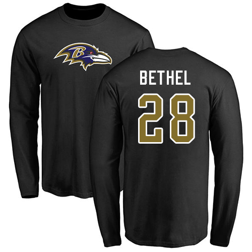 Men Baltimore Ravens Black Justin Bethel Name and Number Logo NFL Football #28 Long Sleeve T Shirt